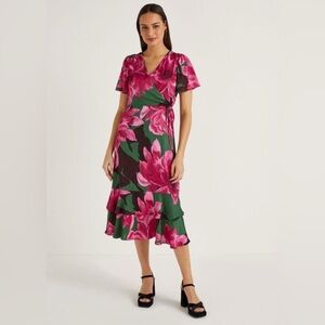 Et Vous Paris Pink & Green Satin Party Floral Cocktail Dress Size 18